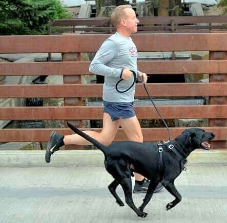 En hund og eieren deres løper med