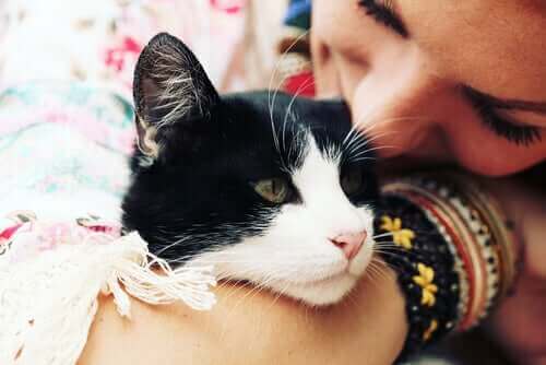 En kvinne som holder og kysser en katt